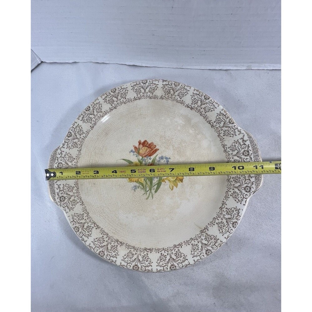Royal Splendor Handled Serving Plate Beige Floral 22kt Gold Filigree 11.25” - Picture 7 of 12